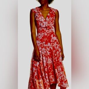 Eliza J handkerchief hem midi dress ruffled v neck wedding guest size 8